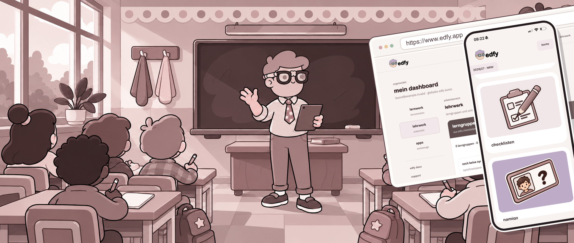 illustration eines lehrers und seiner klasse beim gemeinsamen unterricht